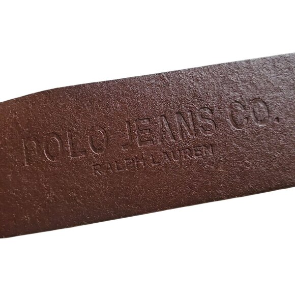 Vintage POLO Ralph Lauren Brown Leather Belt Split Buckle Design Engraved Sz M - Picture 5 of 11